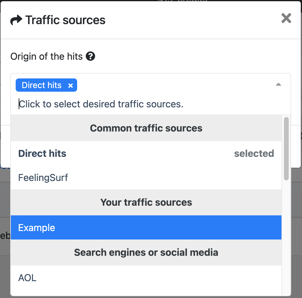 Selecting your traffic source from the list