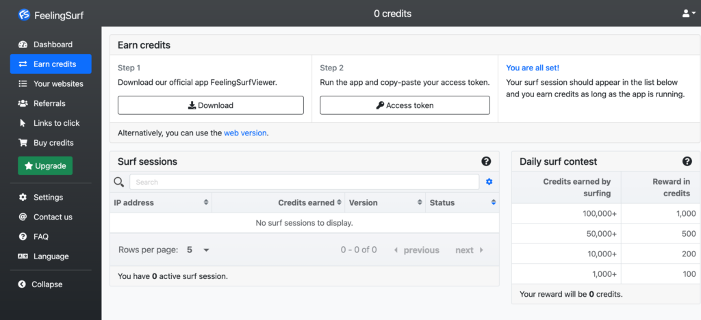 Earn credits on FeelingSurf